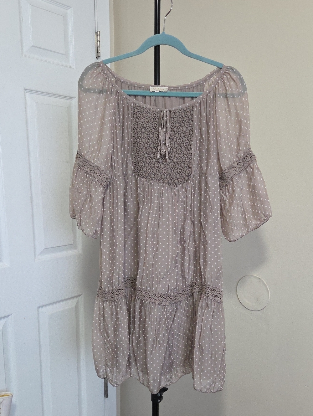 Bellambia Taupe Polka Dot Peasant Blouse Dress